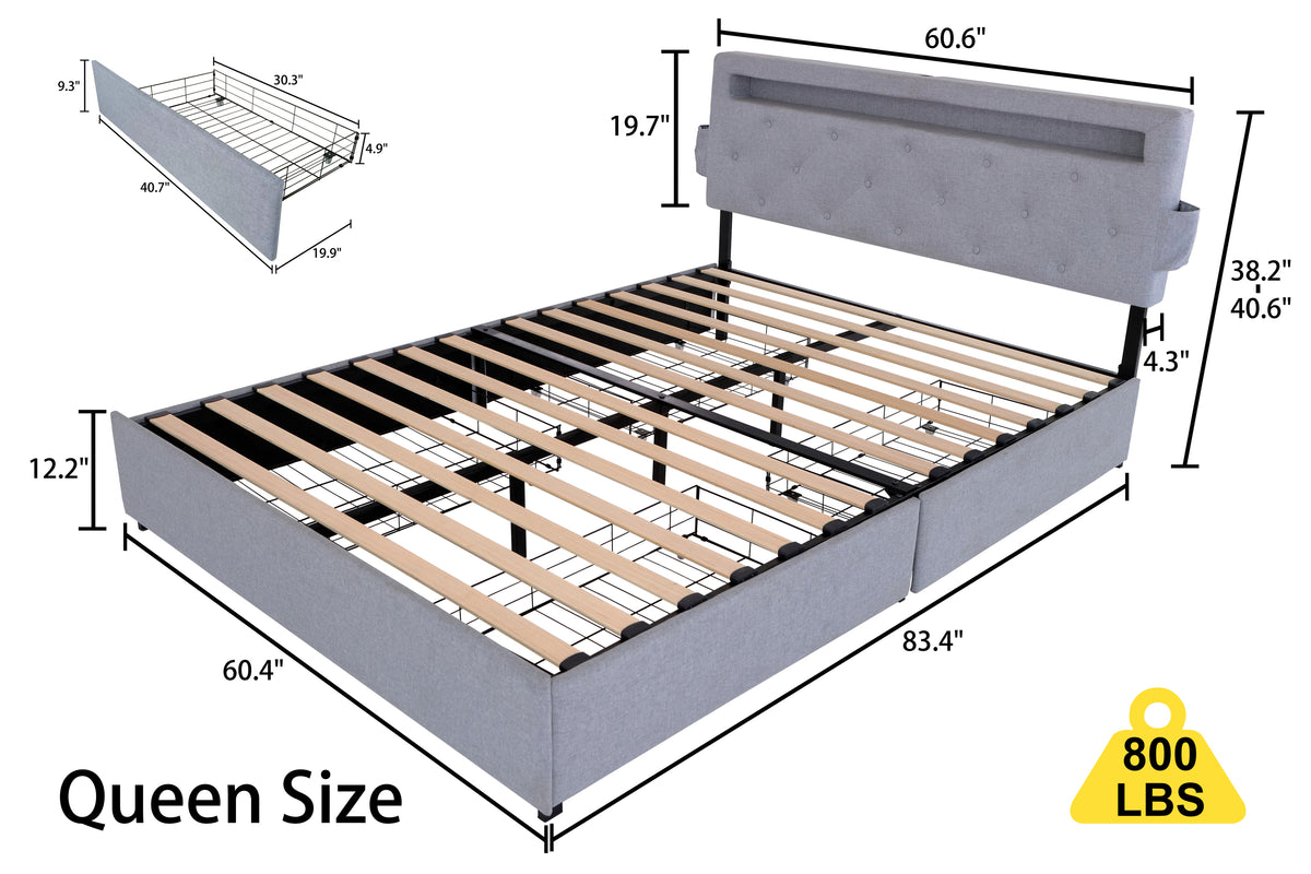 Queen Bed Frame with USB Charging Station & LED Lights, Queen Bed Frame with Headboard & 4 Storage Drawers, D W1960P175568-djyc