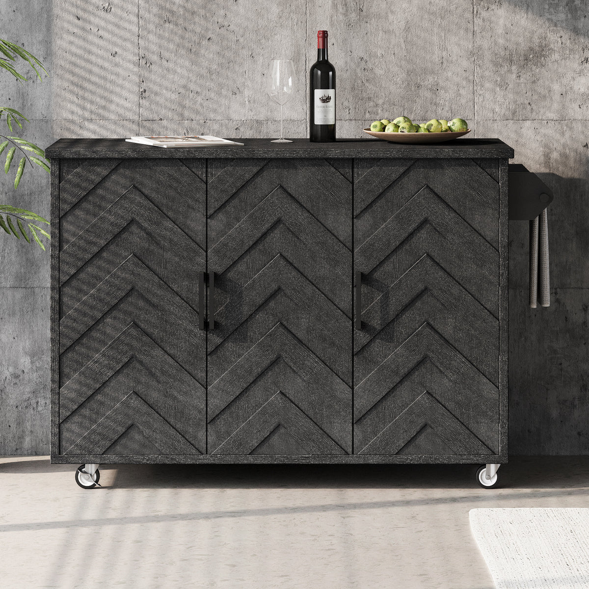 K&K 51.2"W 3D Wave Stripes Ash Veneer (Not Cheap Paper) Kitchen Island with Drop Leaf, Farmhouse Kitchen Island on Wheels with Internal Storage Rack, Rolling Kitchen Cart(Black) N707P207915B-djyc