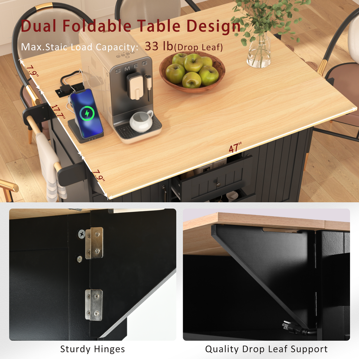 K&K 55.7'' Large Kitchen Island with 2 Drop Leaf,, Rolling Kitchen Cart on 5 Wheels with Power Outlet, Folding Storage Dining Table with Spice & Towel Rack , 3 Drawers, for Kitchen, Dining Room,Black N707P186617B-djyc