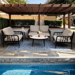 5PC Outdoor Aluminum Patio Furniture,Modern Chat Sofa Conversation Set,Removable Sunbrella Cast Silver Fabric Cushions and Table with White Carrara Marble-Look Sintered Stone Top,Ember Black W1886S00006-djyc