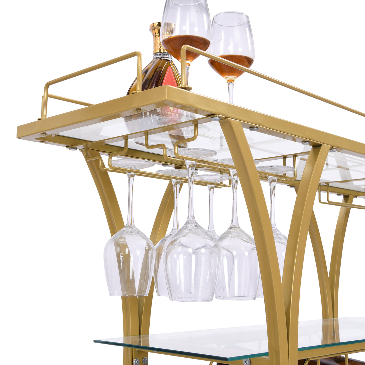 Golden Bar Cart with Wine Rack Tempered Glass Metal Frame Wine Storage W821P184472-djyc