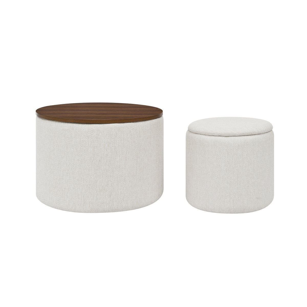 2-Piece Set Round Chenille Storage Ottoman, Equipped with a Drum Shaped Small Stool, Storage Space, and MDF Made Desktop Panel (Beige 23.62"x23.62"x16.53") W487P179601-djyc