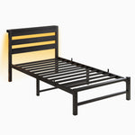 Twin Size Bed Frame Heavy Duty Platform Bed Frame with Headboard, USB Charging Station, LED Bed, No Box Spring Needed, Mattress Foundation, Strong Steel Slats, Noise Free, Black W840P209905-djyc