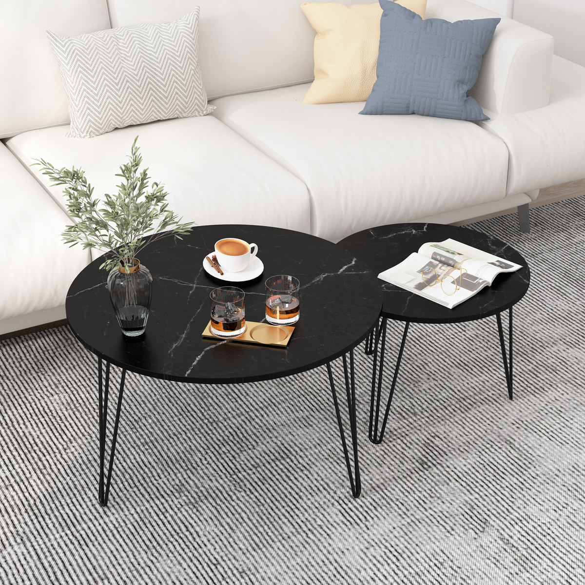 27.56'' Round Nesting Coffee Table Set of 2, Circular Nesting End Table Set, Round Marble Tabletop, and Sturdy Metal Base for Living Room, bedroom, Black W808P176733-djyc