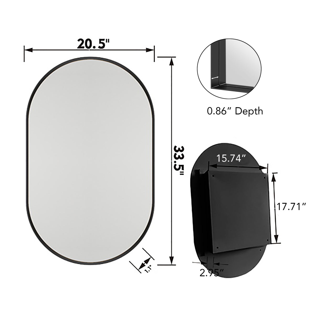 20x34 Inch Oval Recessed Medicine Cabinet, Metal Framed Bathroom Wall Cabinet with Mirror and Adjustable Shelves, Wall Mirror with Storage for Bathroom, Matte Black W1435P201160-djyc