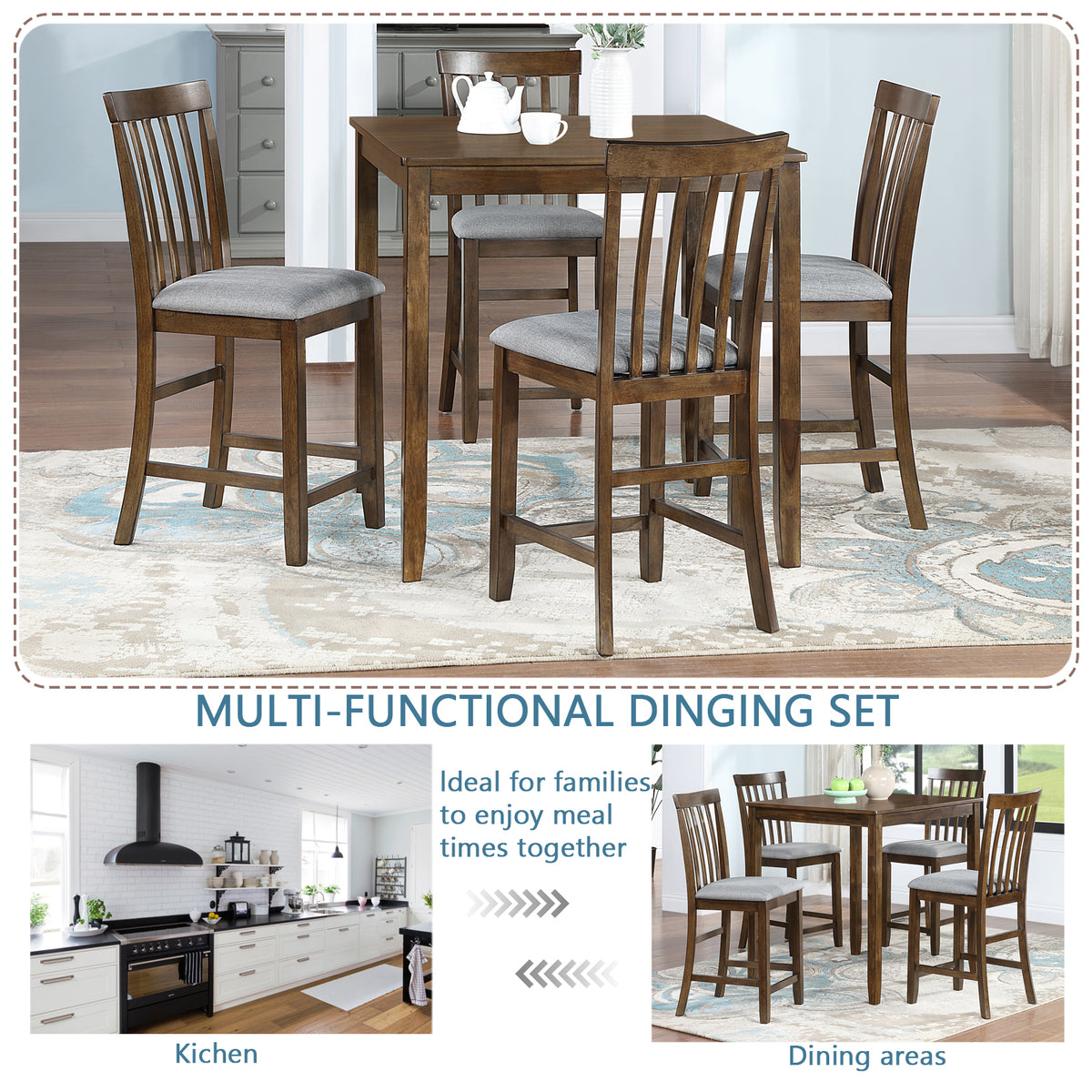 5 Piece Dining Table Set, Wooden Dining Square Table Set for 4, Counter Height Kitchen Table Set with Square Table and 4 Upholstered Chairs for Small Space, Walnut W1998S00034-djyc