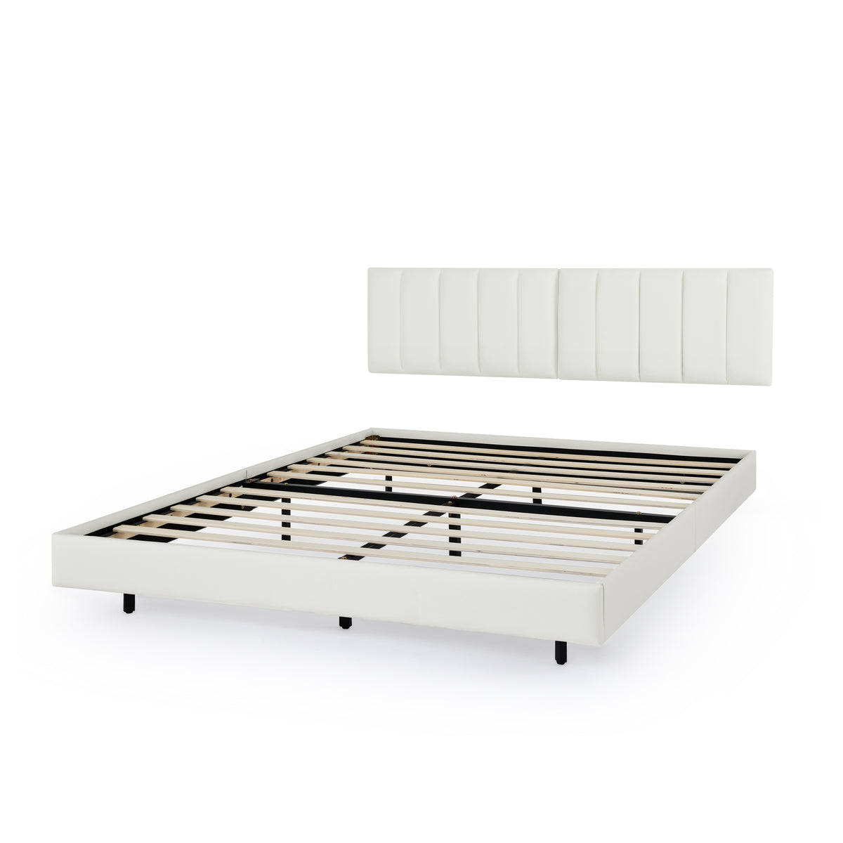 Queen Floating Bed Frame with Wall Mounted Headboard Modern Low Profile Platform Bed Frame Queen Size Faux Leather Upholstered Platform Bed Frame,No Box Spring Needed,White W487P169720-djyc