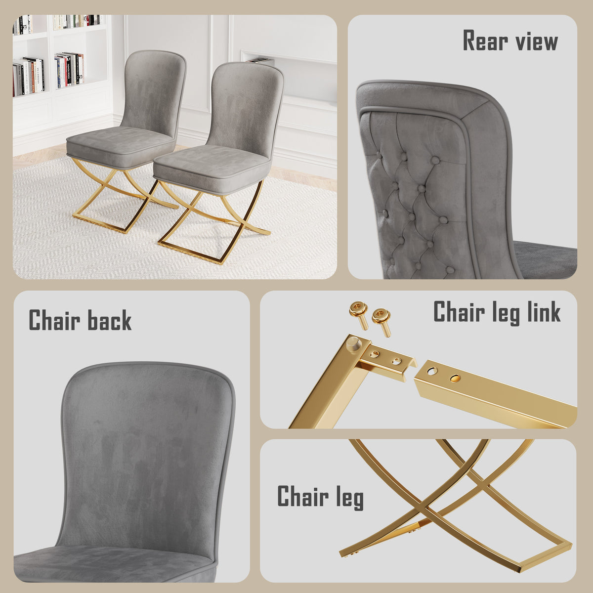 Dining Chair Set of 2, grey velvet Backrest and golden Metal legs.For Modern Kitchen Dining Room Chair for Kitchen Living Modern decorative Leisure chairs Office chairs W1727P195279-djyc