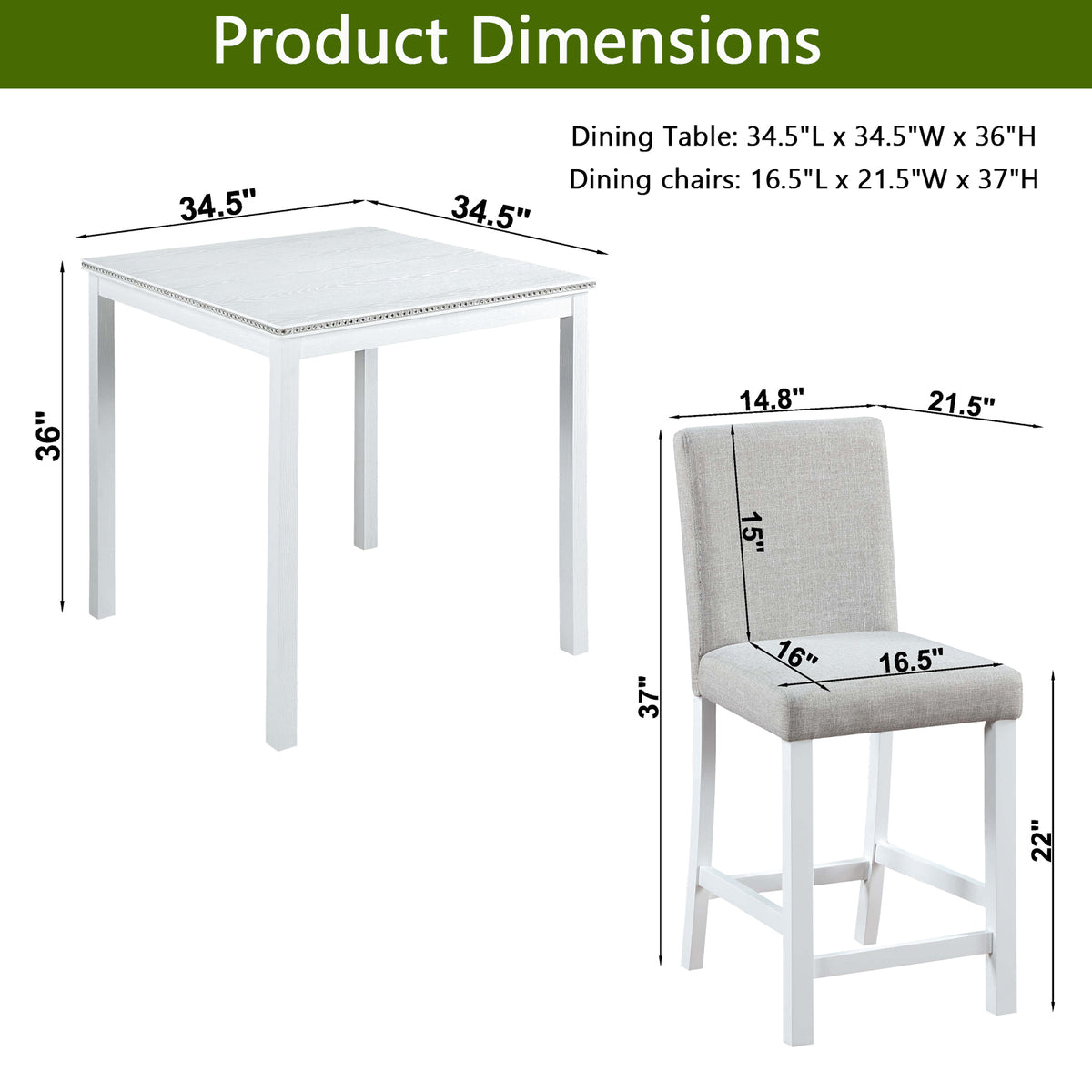 5 Piece Counter Height Table Set, Wooden Kitchen Table Set with Square Table and 4 Upholstered Chairs, Counter Height Dining Table with Crystal Decoration and Chair Set for Kitchen, Dining Room,White W1998S00040-djyc