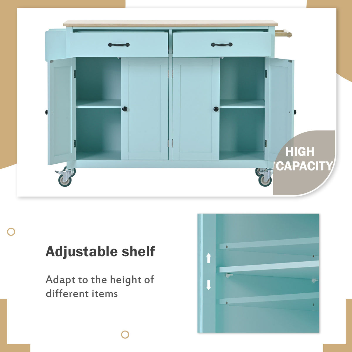 Kitchen Island Cart with 4 Door Cabinet and Two Drawers and 2 Locking Wheels - Solid Wood Top, Adjustable Shelves, Spice & Towel Rack(Mint Green) WF286911AAN-djyc