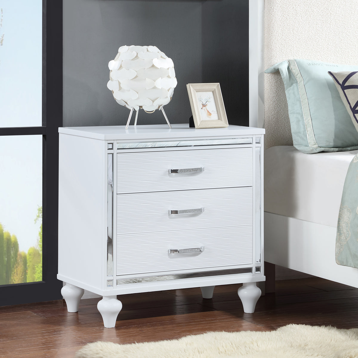 Contemporary Nightstands with mirror frame accents, Bedside Table with two drawers and one hidden drawer, End Table with Crystal Pull for Living Room,Bedroom, White W1998131735-djyc