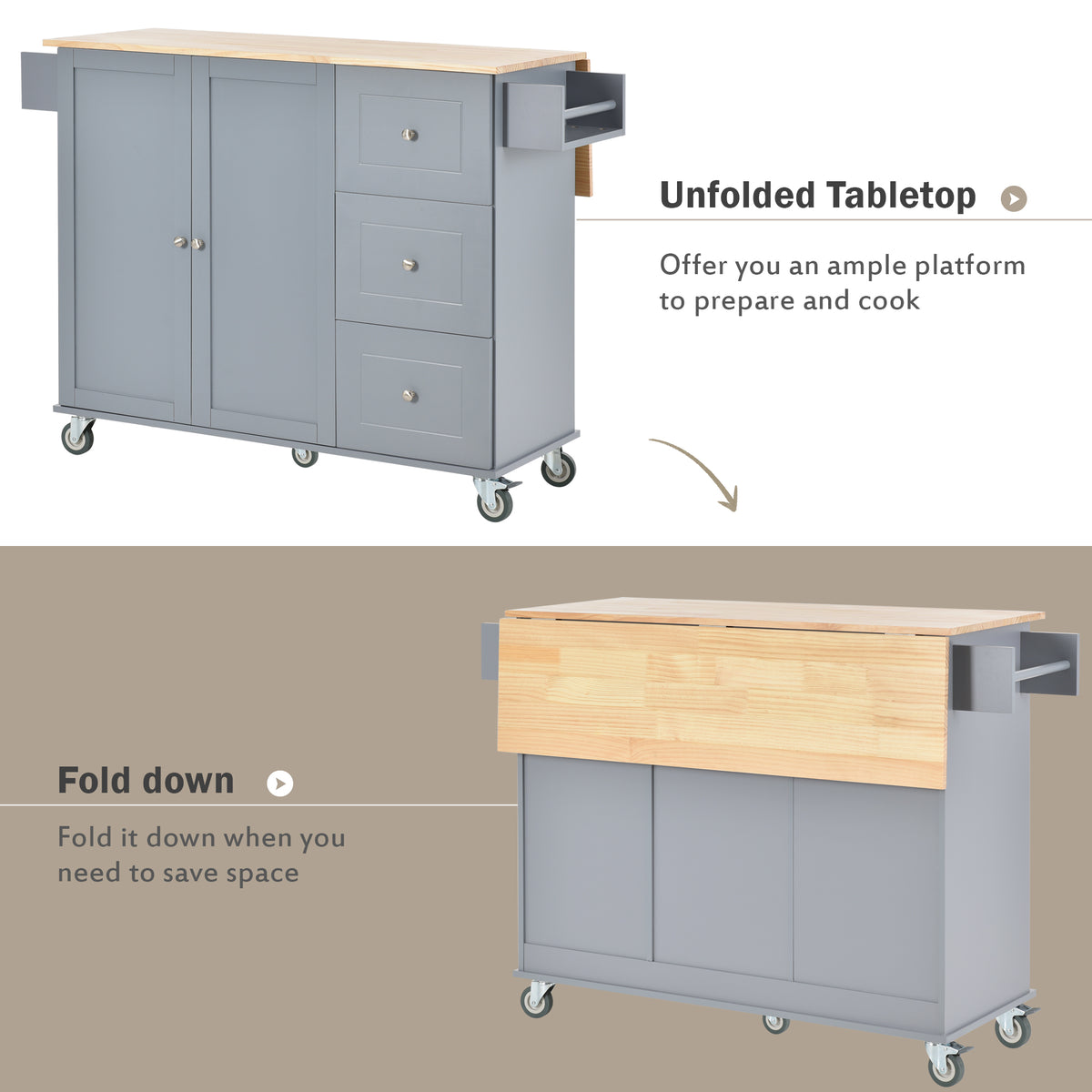 Rolling Mobile Kitchen Island with Solid Wood Top and Locking Wheels,52.7 Inch Width,Storage Cabinet and Drop Leaf Breakfast Bar,Spice Rack, Towel Rack & Drawer (Grey Blue) WF287035AAG-djyc