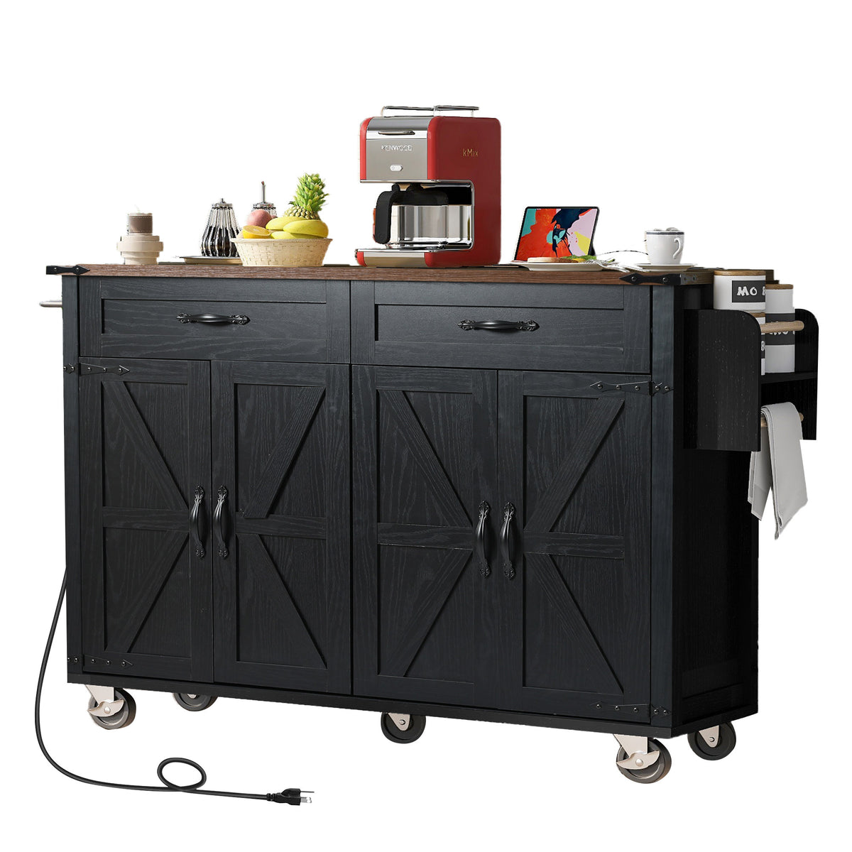 K&K 53.5''Farmhouse Kitchen Island with Power Outlet, Kitchen Storage Island with Drop Leaf, Spice Rack and Drawer, Rolling Kitchen Cart on Wheels, for Home, Kitchen and Dining Room, Black N707P170348B-djyc