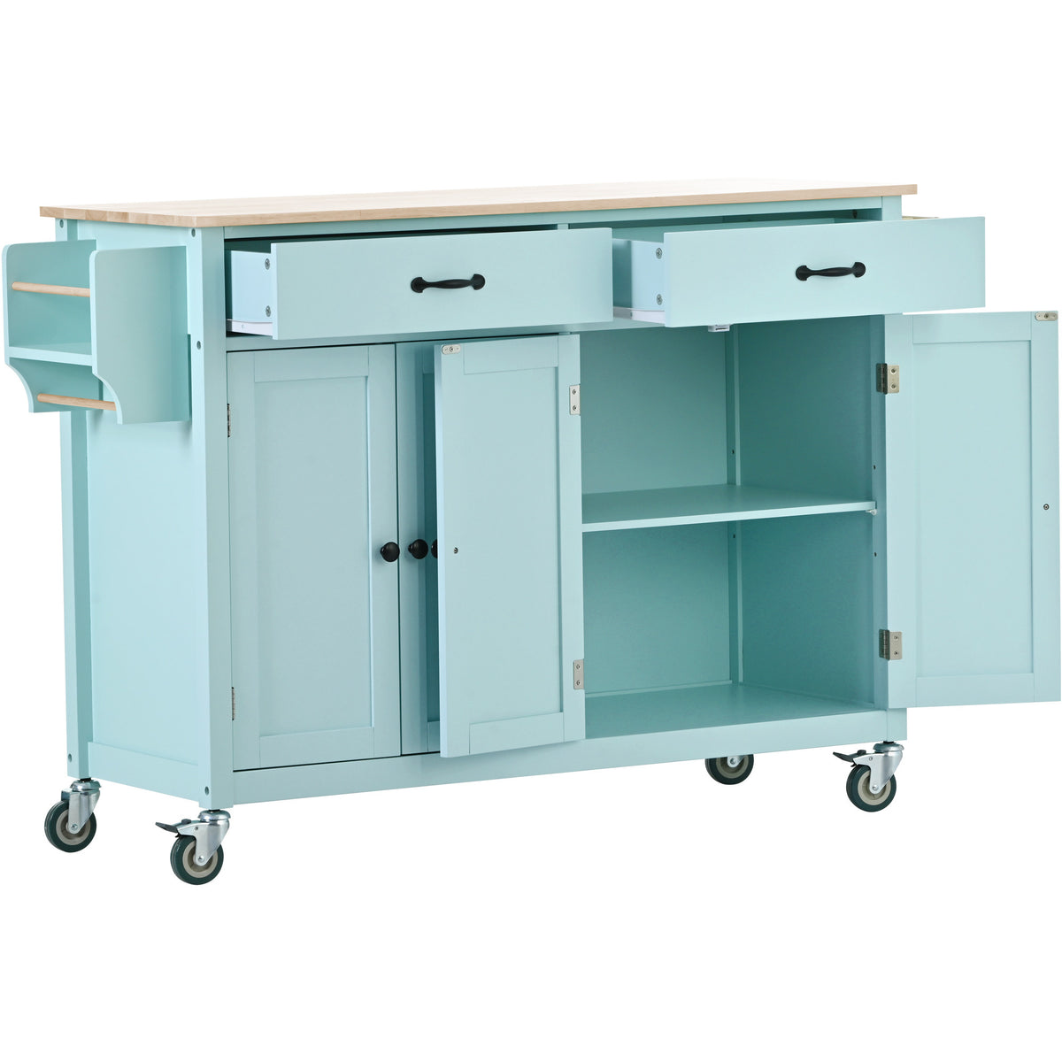 Kitchen Island Cart with 4 Door Cabinet and Two Drawers and 2 Locking Wheels - Solid Wood Top, Adjustable Shelves, Spice & Towel Rack(Mint Green) WF286911AAN-djyc