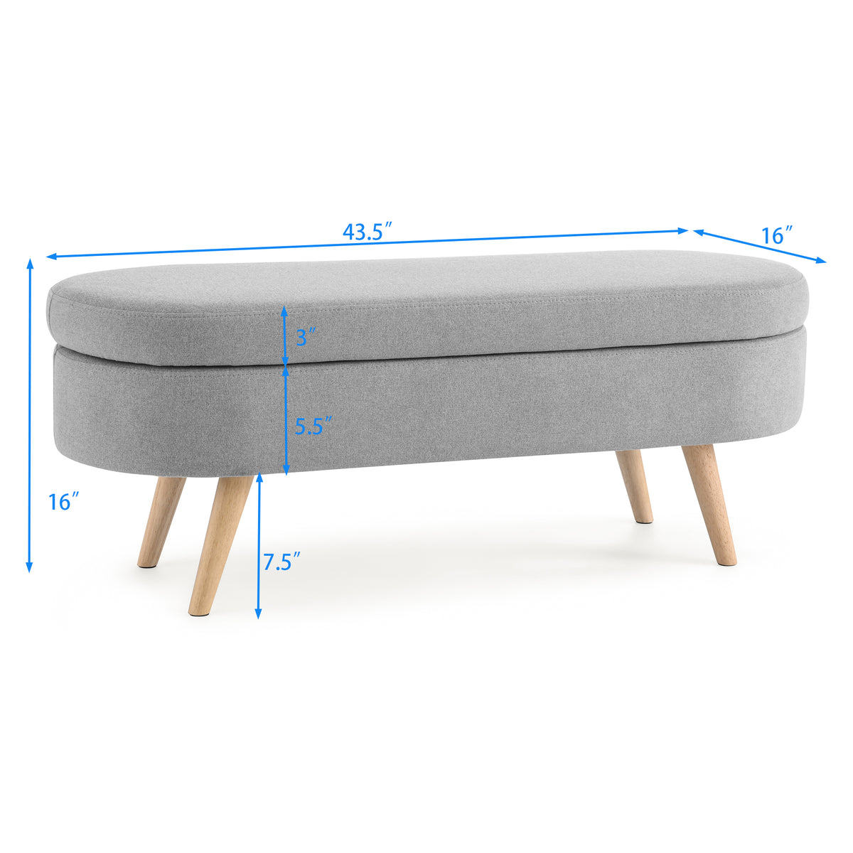 Ottoman Oval Storage Bench, Rubber Wood Legs, Grey(43.5"x16"x16") W48764884-djyc