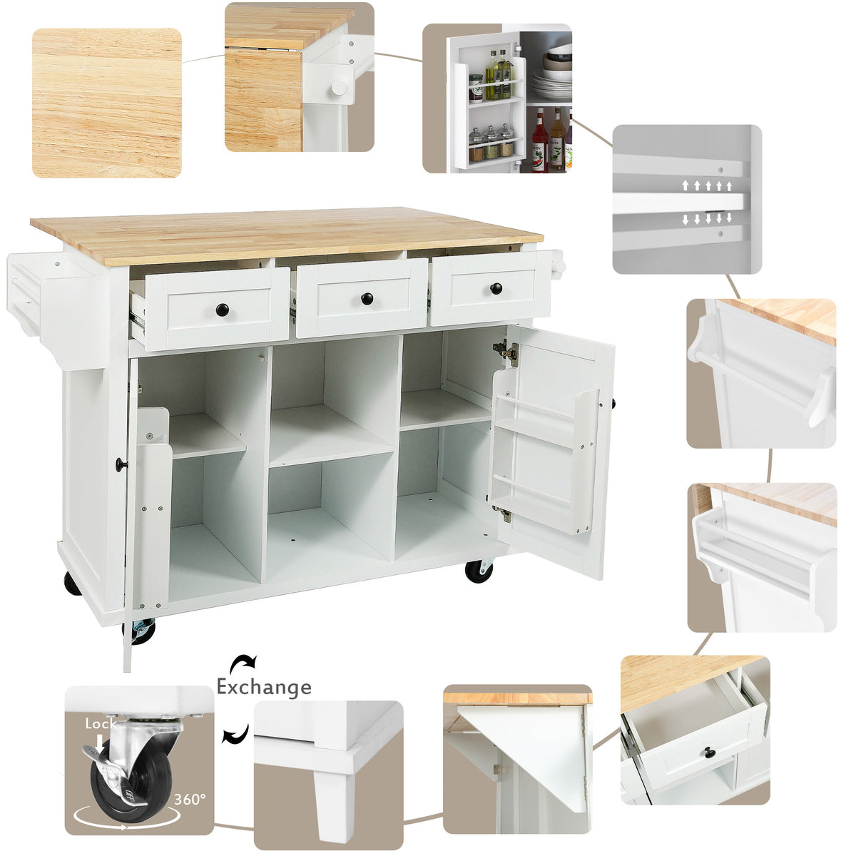 Kitchen Cart with Rubber wood Drop-Leaf Countertop ,Cabinet door internal storage racks,Kitchen Island on 5 Wheels with Storage Cabinet and 3 Drawers for Dinning Room,White WF298028AAW-djyc