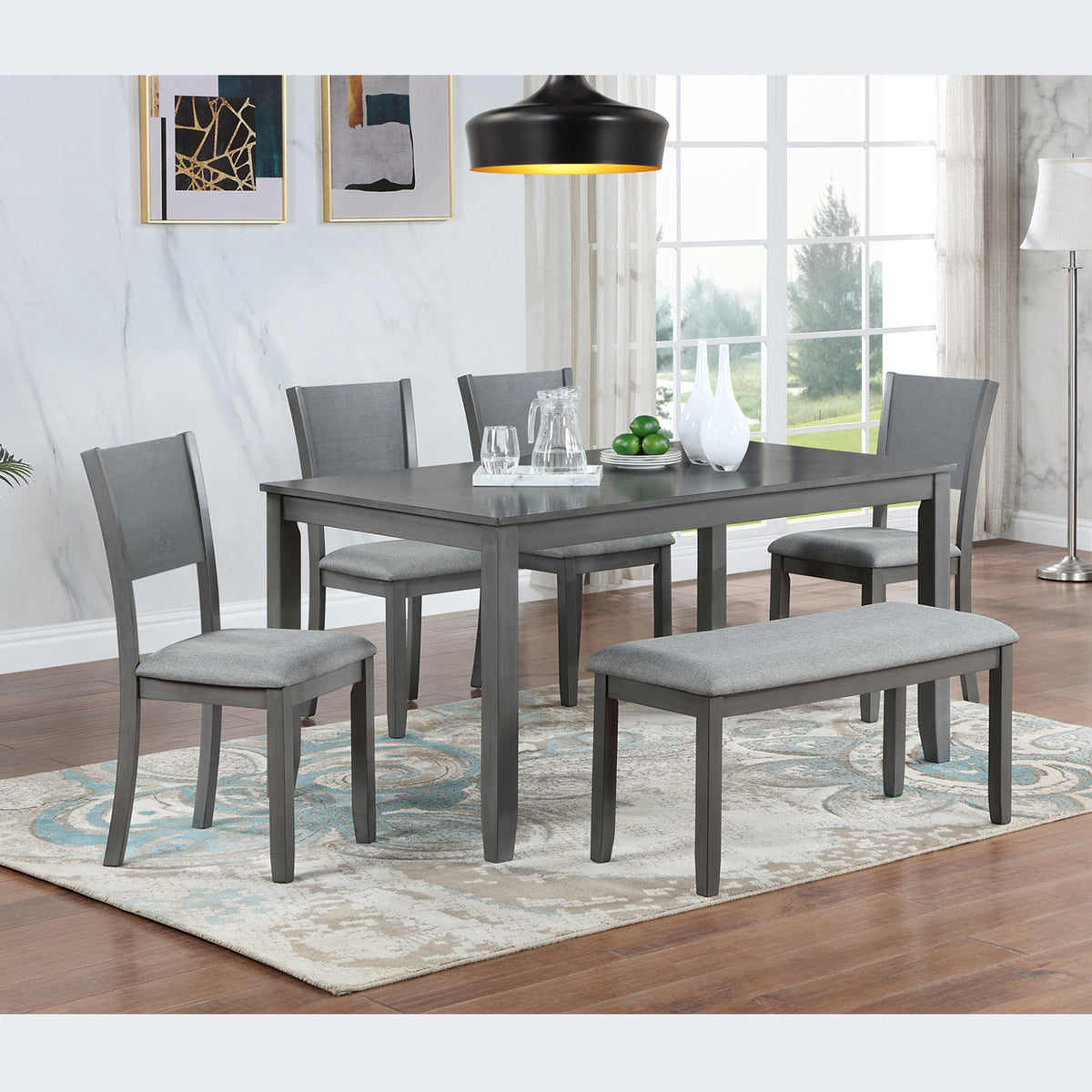 6 Piece Kitchen Dining Set, Rectangular Wooden Dining Table with 4 Upholstered Chairs and a Bench, Dining Table Set for 6 People, Living Room, Home Bar and Kitchen, Gray W1998S00054-djyc