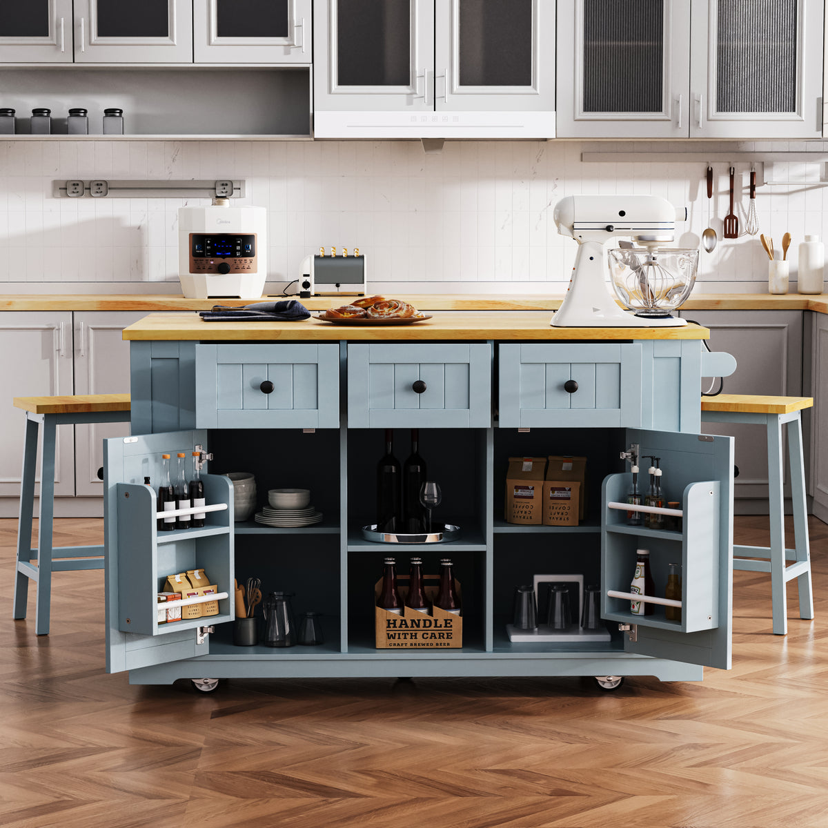 K&K 53inch Large Kitchen Island with Drop Leaf,Power Outlet,Door Internal Storage Rack,Rolling Kitchen Cart on 5 Wheels with 5 Open Side Racks for Kitchen,Dining Room,Grey Blue(Not include bar stools) N707P185531G-djyc