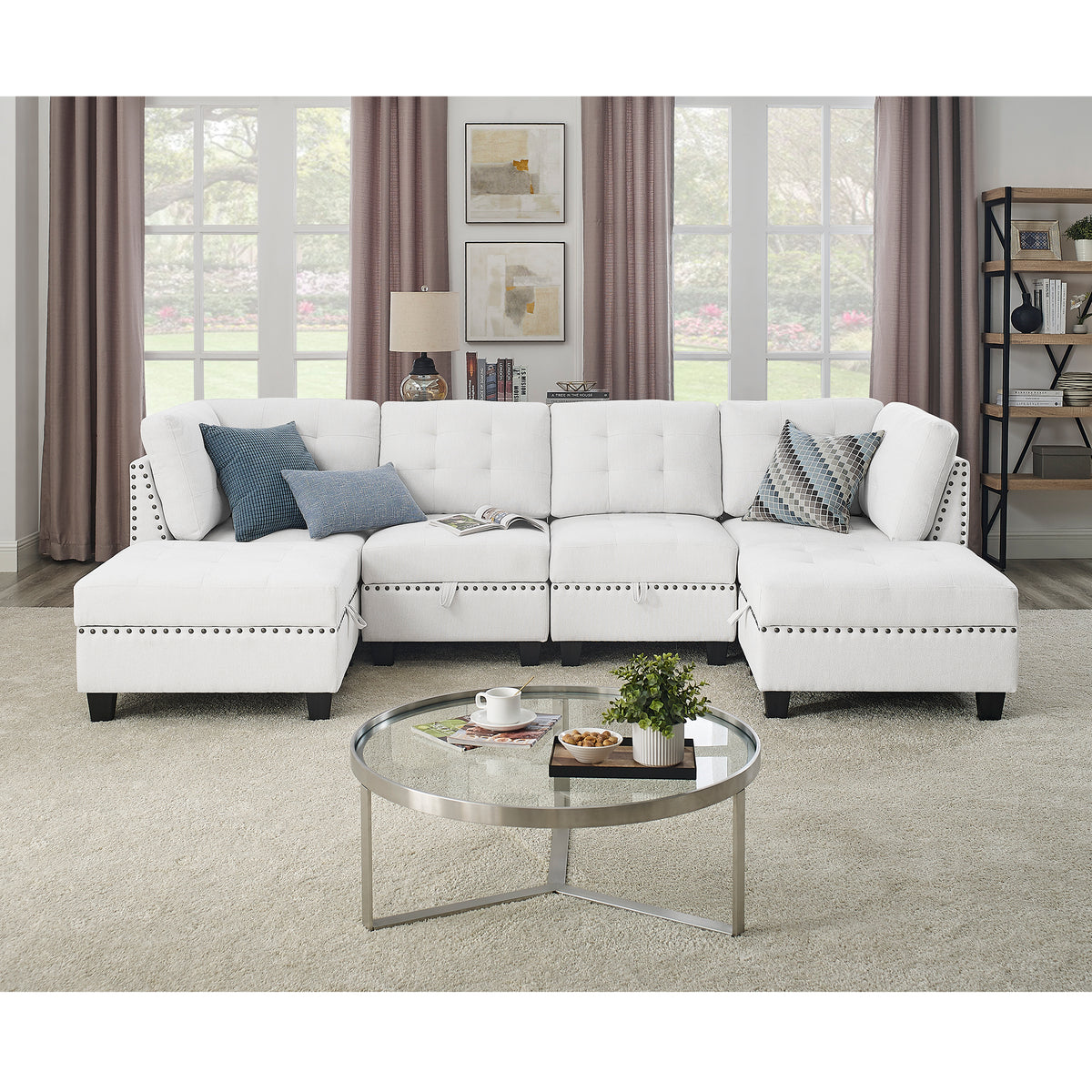 U shape Modular Sectional Sofa,DIY Combination,includes Two Single Chair ,Two Corner and Two Ottoman,Ivory Chenille W487S00195-djyc