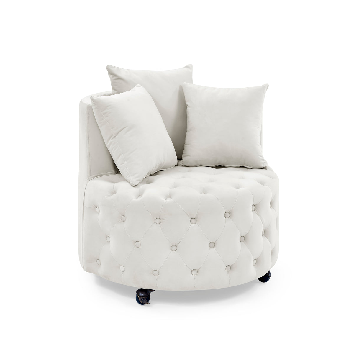 Velvet Upholstered Swivel Chair for Living Room, with Button Tufted Design and Movable Wheels, Including 3 Pillows, Beige W48790918-djyc