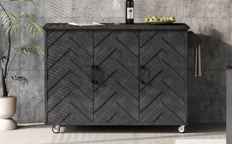 K&K 51.2"W 3D Wave Stripes Ash Veneer (Not Cheap Paper) Kitchen Island with Drop Leaf, Farmhouse Kitchen Island on Wheels with Internal Storage Rack, Rolling Kitchen Cart(Black) N707P207915B-djyc