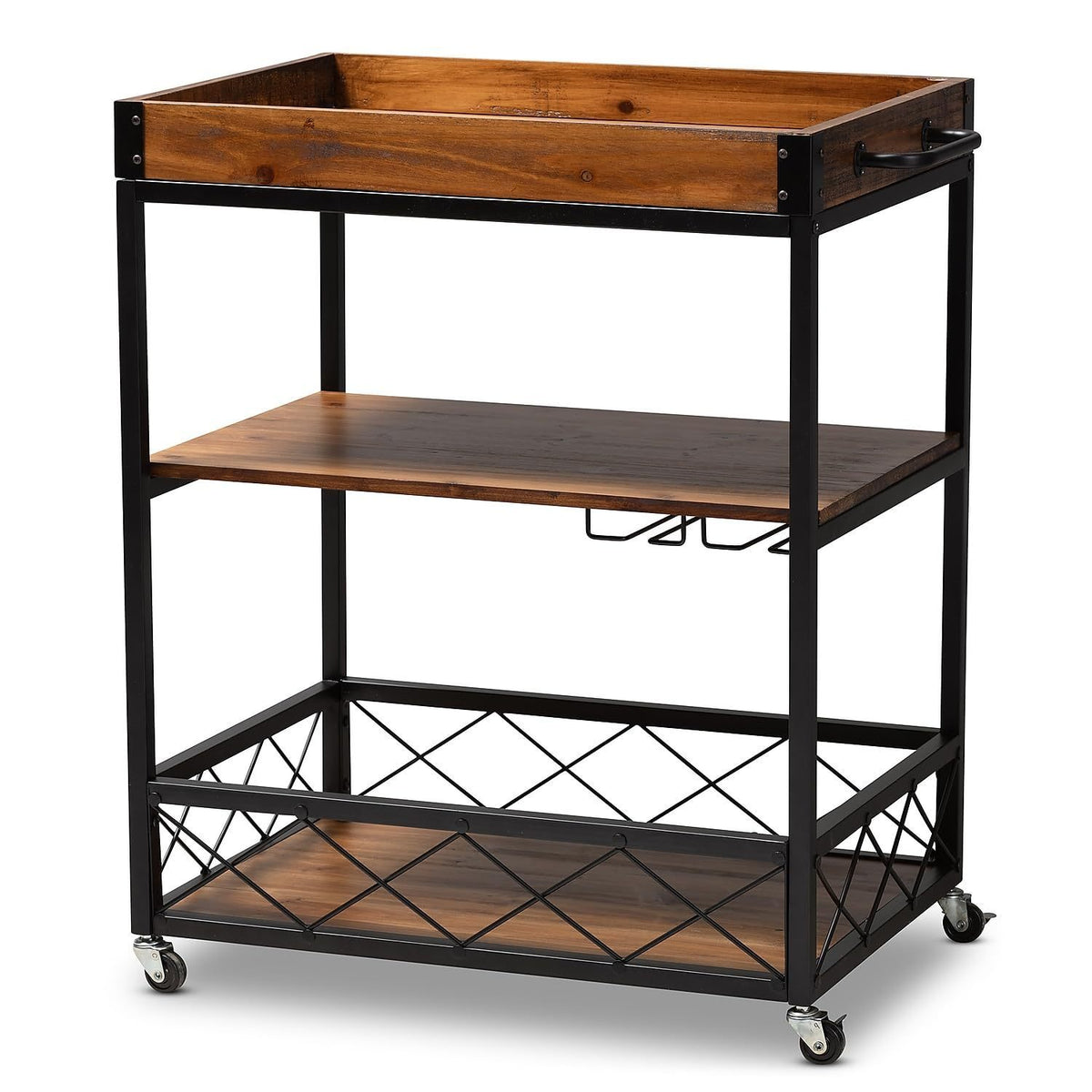 32.6'' Tall Industrial Style Rolling Kitchen Island Wine Cart with Black Finished, Fir Wood Mobile Metal Wine Bar Cart with Glass Rack, Oak Brown W2557P180163-djyc