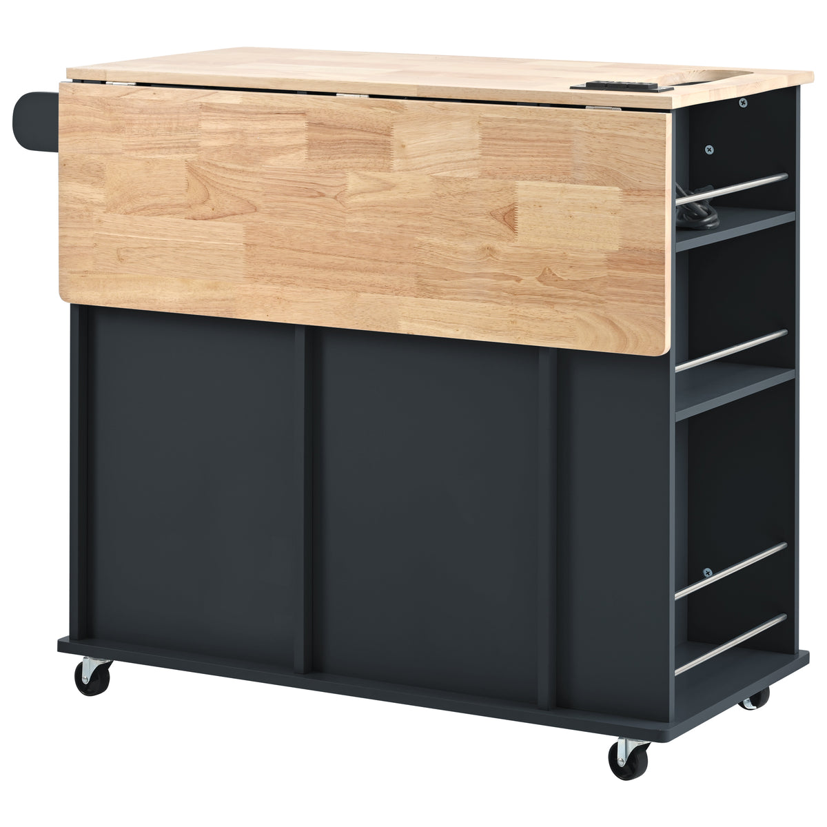 Kitchen Island with Power Outlet,Kitchen Storage Island with Drop Leaf and Rubber Wood,Open Storage and Wine Rack,5 Wheels,with Adjustable Storage for Home, Kitchen, and Dining Room, Black WF305556AAB-djyc