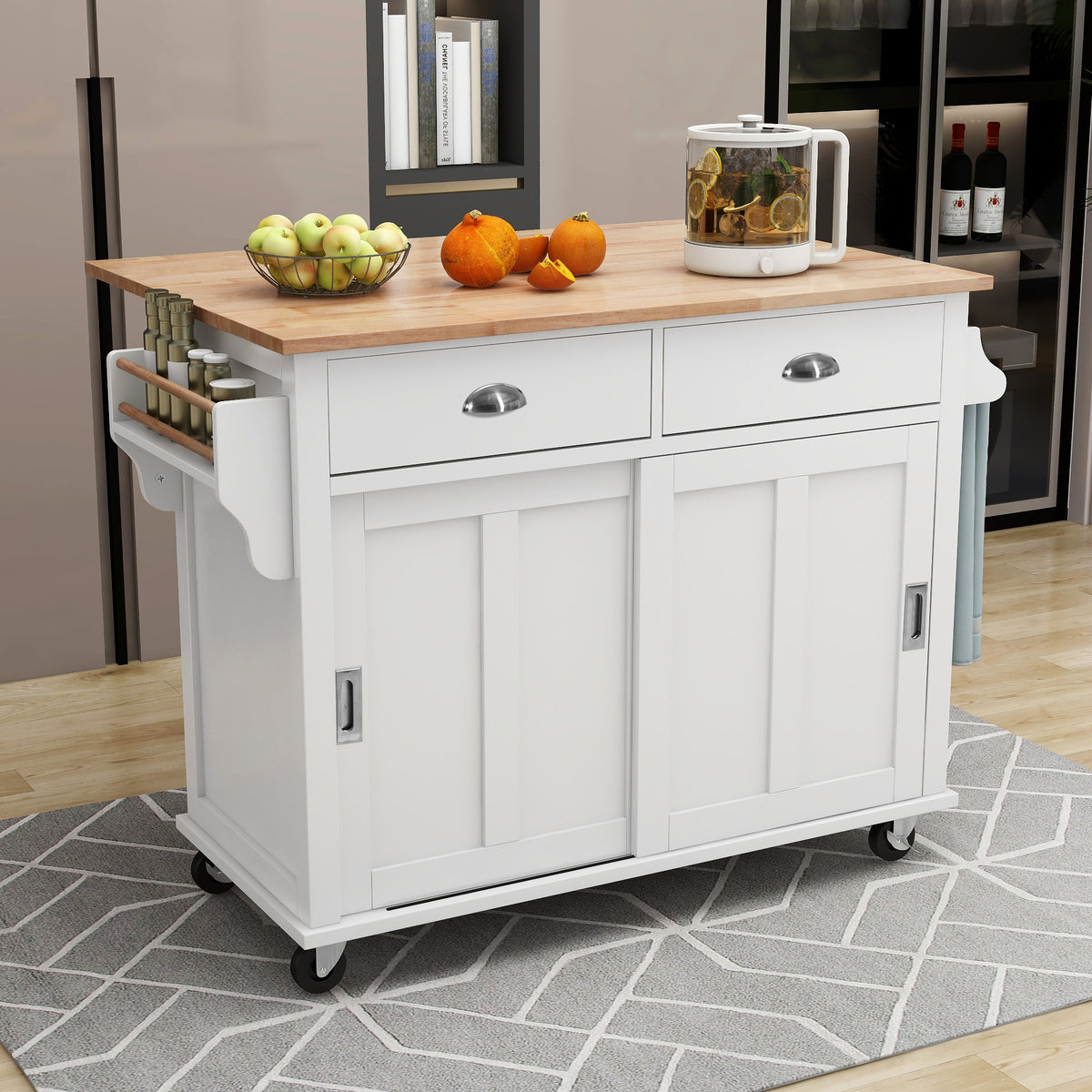 Kitchen Cart with Rubber wood Drop-Leaf Countertop, Concealed sliding barn door adjustable height,Kitchen Island on 4 Wheels with Storage Cabinet and 2 Drawers,L52.2xW30.5xH36.6 inch, White SK000001AAW-djyc