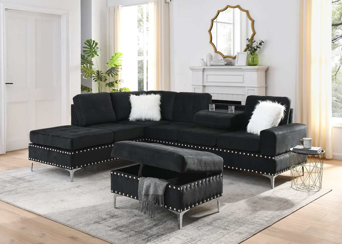 Sectional 3-Seaters Sofa with Reversible Chaise, Storage Ottoman and Cup Holders, Metal Legs and Copper Nails,Two White Villose Pillows ,Black(107.5" x 80.5" x36") W487S00061-djyc