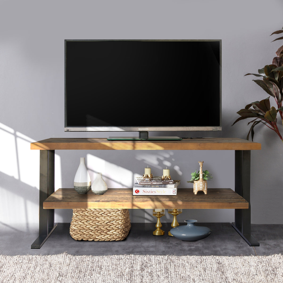 Media Console Table with one shelf to your Home decor, Natural Reclaimed wood and black finish W142562432-djyc