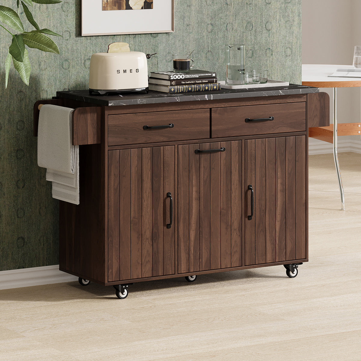 K&K Kitchen Island with Trash Can Storage Cabinet, Kitchen Cart with Drop Leaf, Spice Rack, Towel Rack and Drawer, Rolling Kitchen Island on Wheels with Adjustable Shelf, Walnut Brown WF326381AAZ-djyc