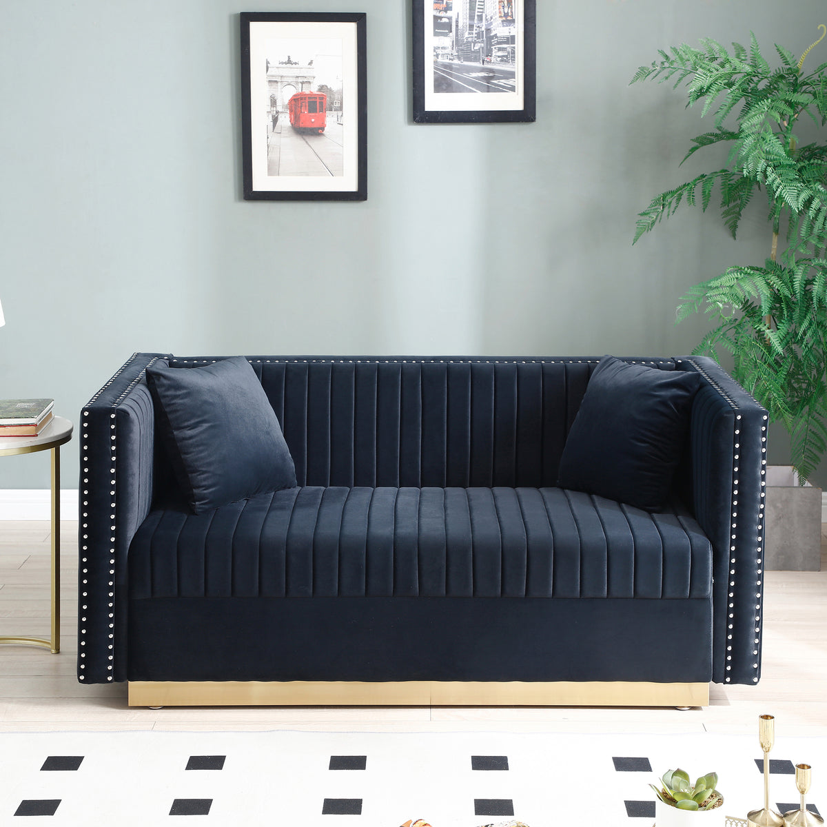 Contemporary Vertical Channel Tufted Velvet SofaLoveseat Modern Upholstered 2 Seater Couch for Living Room Apartment with 2 pillows,Black W1117P147303-djyc