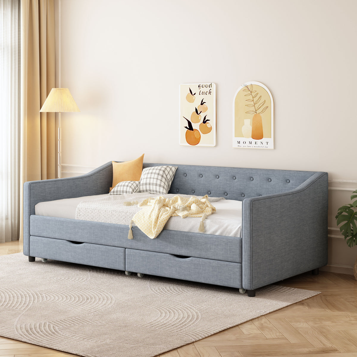 Twin Size Daybed with Drawers Upholstered Tufted Sofa Bed, with Button on Back and Piping on Waved Shape Arms-Light Grey W2336S00005-djyc