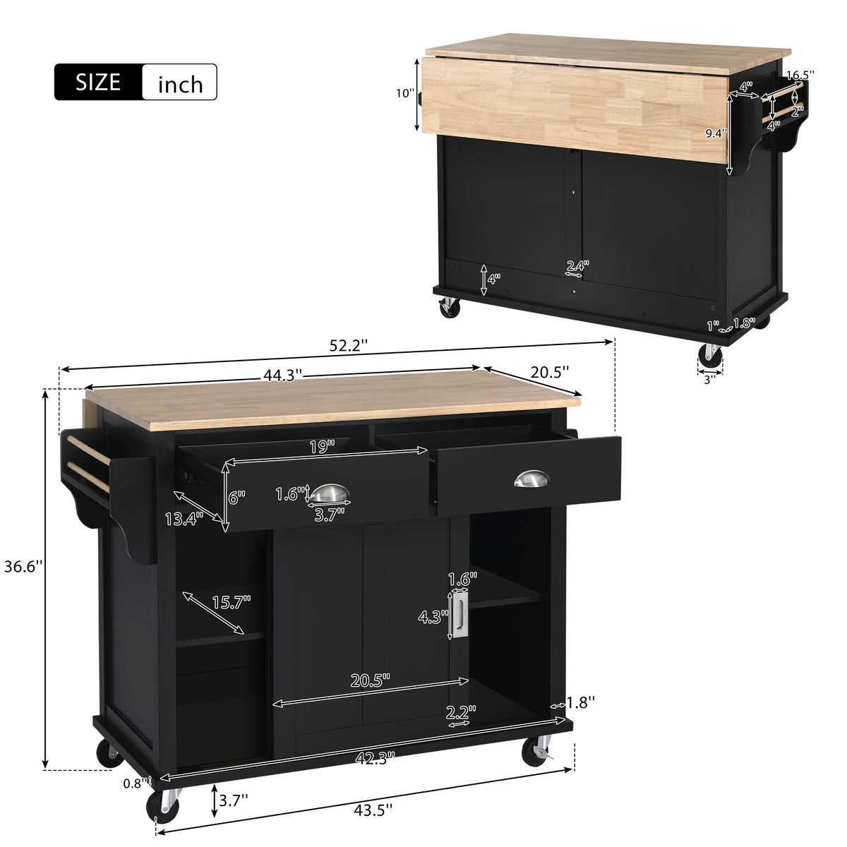 Kitchen Cart with Rubber wood Drop-Leaf Countertop, Concealed sliding barn door adjustable height,Kitchen Island on 4 Wheels with Storage Cabinet and 2 Drawers,L52.2xW30.5xH36.6 inch, Black SK000001AAB-djyc