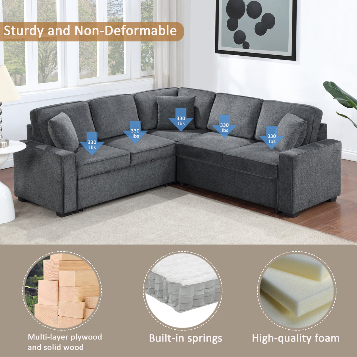 Modular Sofa, Sectional Couch L Shaped Sofa Couch with Pullout Sleeper, 5 Seat Chenille Corner Sofa for Living Room, 3 Pillows Included, Dark Gray W1998S00052-djyc