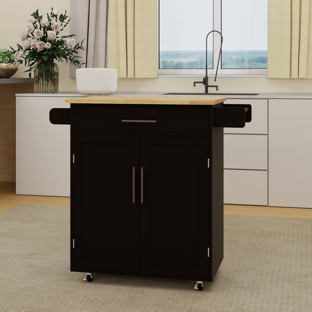 Kitchen island rolling trolley cart with 1 drawer & 2 doors with Adjustable Shelves & towel rack & seasoning rack rubber wood table top - Black W282P184187-djyc