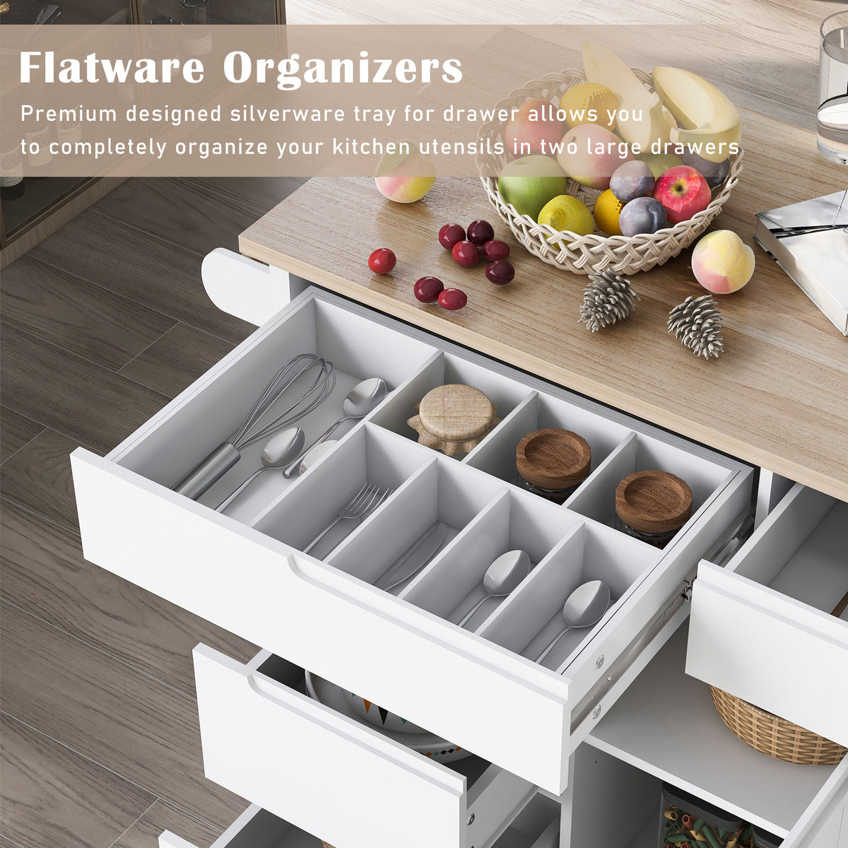 K&K Store Kitchen Cart with Rubber Wood Countertop , Kitchen Island has 8 Handle-Free Drawers Including a Flatware Organizer and 5 Wheels for Kitchen Dinning Room, White SK000002AAW-djyc