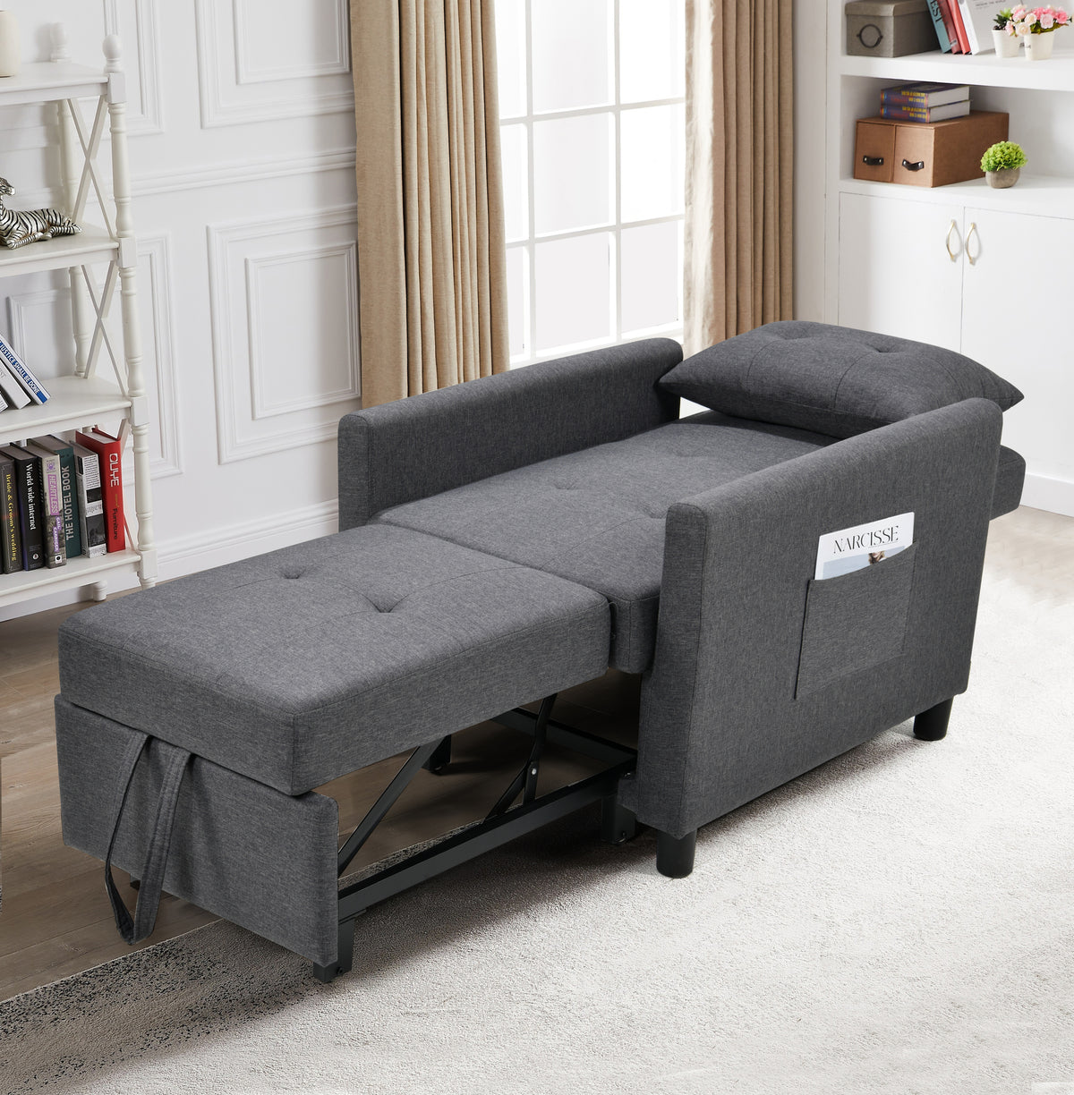 3-in-1 Convertible Futon Sofa Bed with Adjustable Backrest, Single Sofa Bed with Pull Out Sleeper, Convertible Futon Chair for Living Room, Side Bag and 1 Lumbar Pillow,Dark Gray W1998121160-djyc