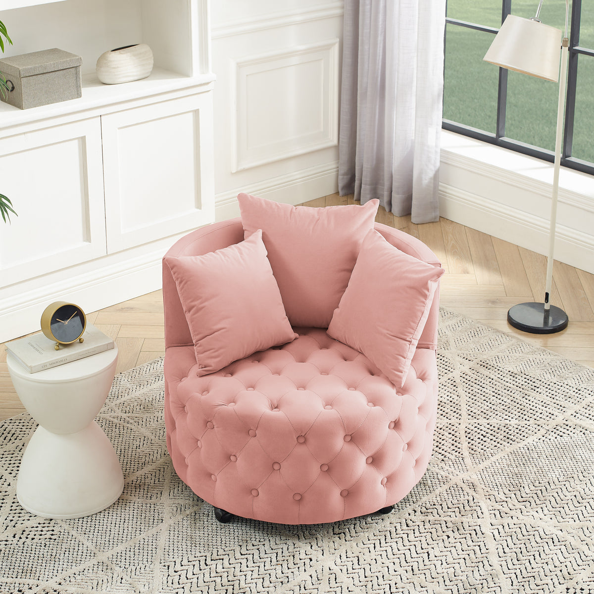 Velvet Upholstered Swivel Chair for Living Room, with Button Tufted Design and Movable Wheels, Including 3 Pillows, Pink W487124836-djyc