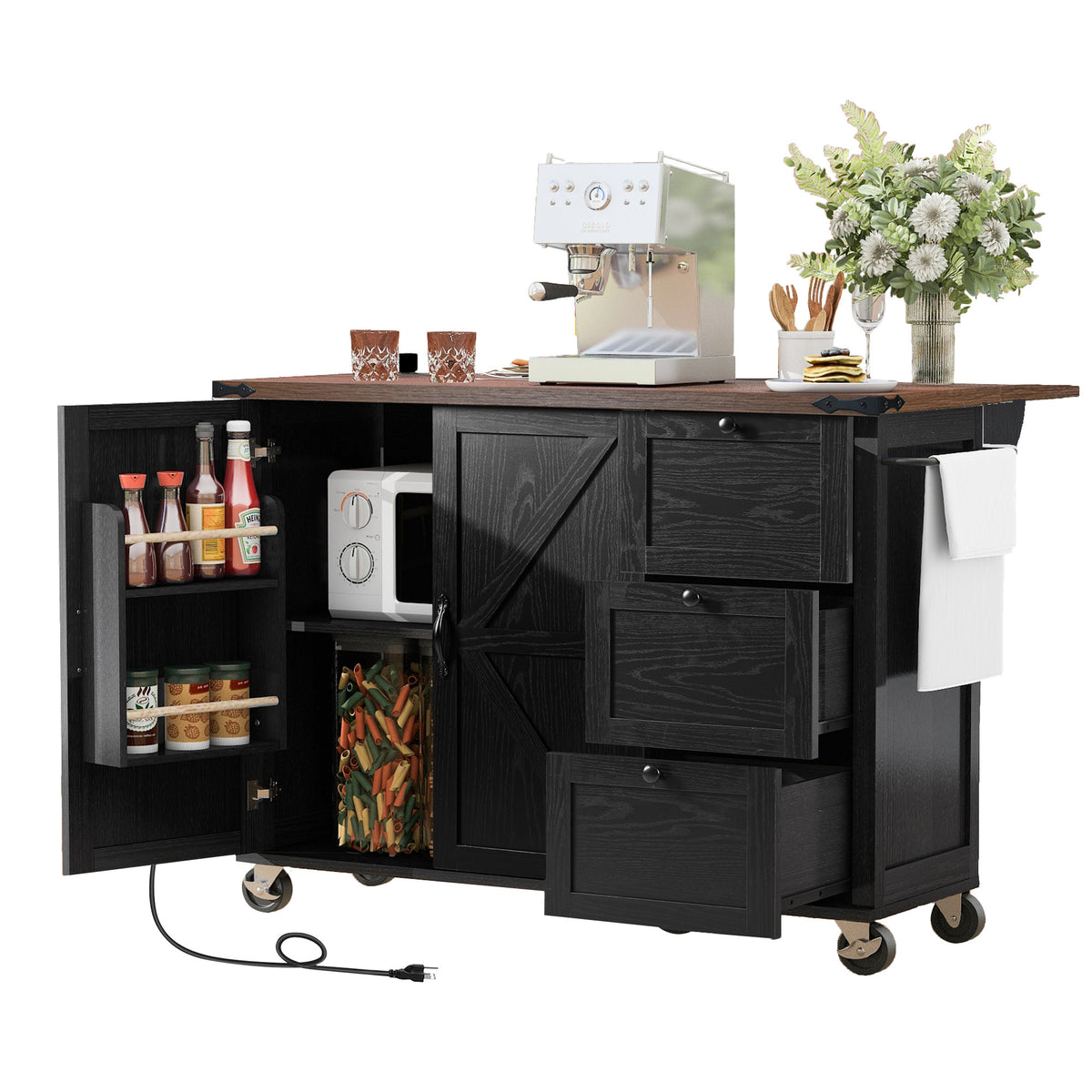 K&K 54.5" Farmhouse Kitchen Island with Power Outlet, Kitchen Storage Islandwith Internal Storage Rack, Drop Leaf, Spice Rack, Rolling Kitchen Cart on Wheels, for Home, Kitchen and Dining Room,Black N707P170349B-djyc