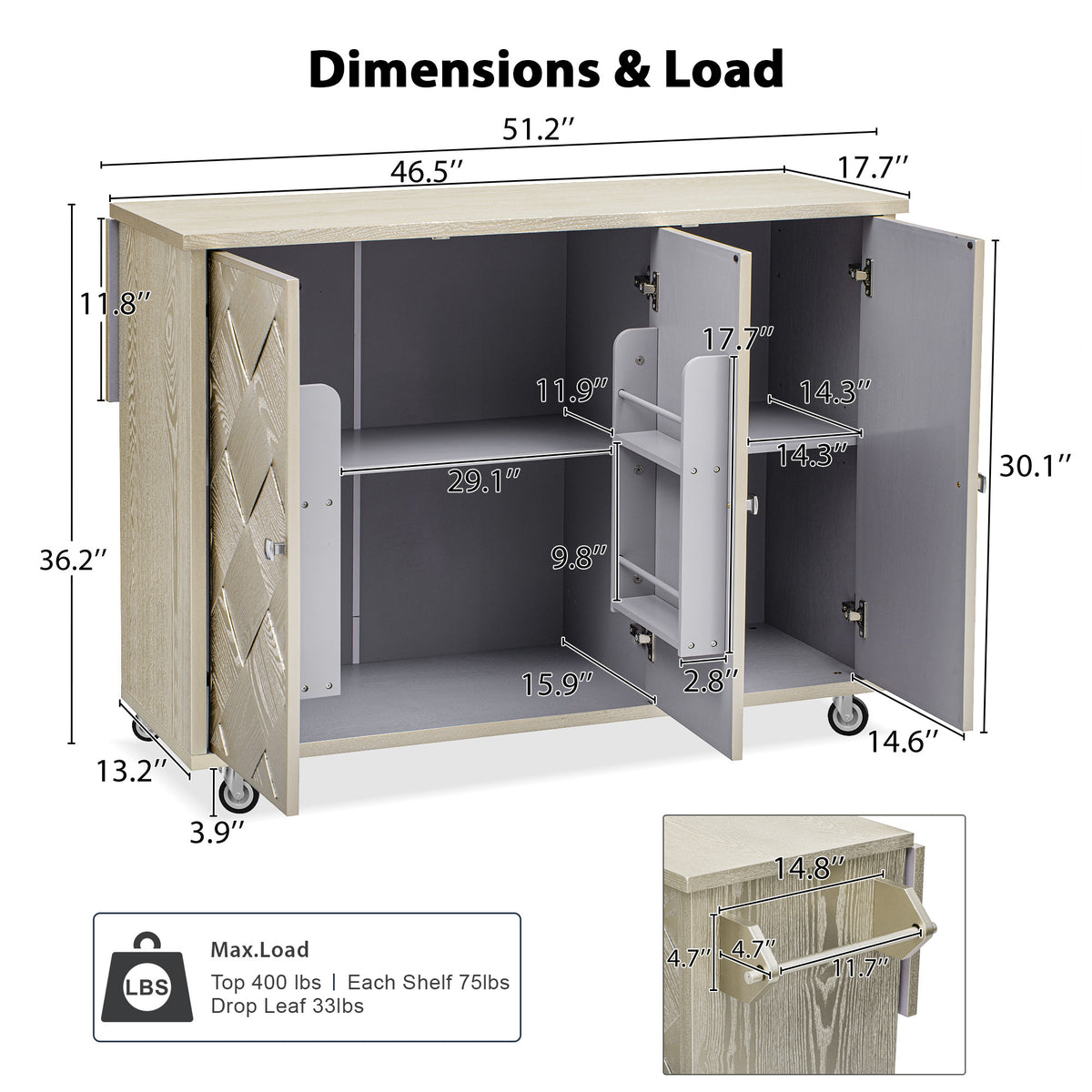 K&K 51.2"W Ash Veneer (Not Cheap Paper) Solid Wood Handwoven Kitchen Island with Drop Leaf, Coastal Kitchen Island on Wheels with Internal Storage Rack, Rolling Kitchen Cart, Champagne N707P207916X-djyc