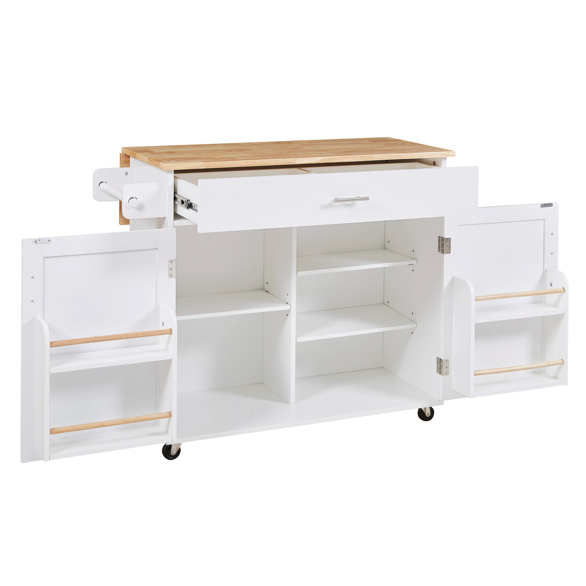 K&K Rolling Kitchen Island with Storage, Kitchen Cart with Rubber Wood Top, Spacious Drawer with Divider and Internal Storage Rack, Kitchen Island on Wheels with Adjustable Shelf Tower Rack, White WF316601AAW-djyc