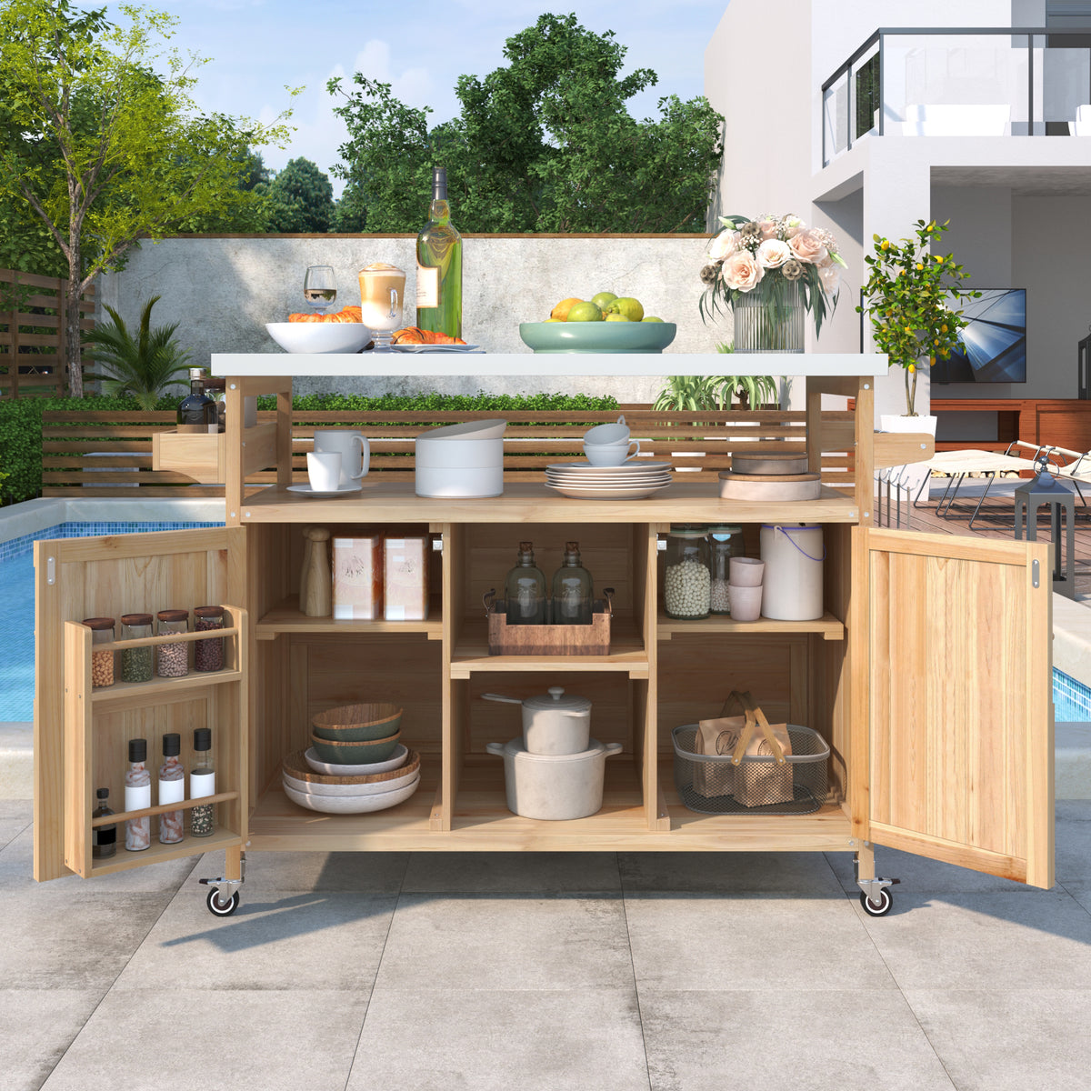 K&K Outdoor Kitchen Island, Rolling Bar Cart & Storage Cabinet, Farmhouse Solid Wood Outdoor Grill Table with Stainless Steel Top, Spice Rack , Towel Rack for Kitchen & BBQ , Natural WF532198AAY-djyc