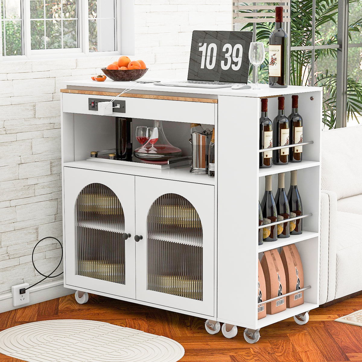 K&K Rolling Kitchen Island With Extended Table, Kitchen island on Wheels with LED Lights,Power Outlets and 2 Fluted Glass Doors, Kitchen Island with a Storage Compartment and Side 3 Open Shelves,White WF316018AAW-djyc