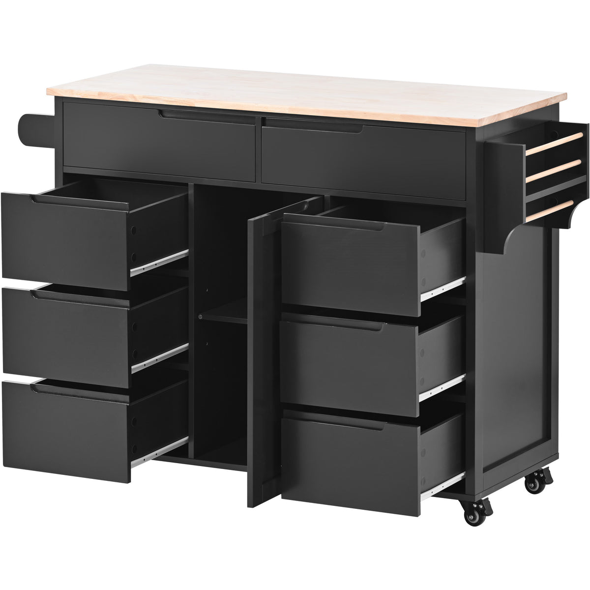 K&K Store Kitchen Cart with Rubber Wood Countertop , Kitchen Island has 8 Handle-Free Drawers Including a Flatware Organizer and 5 Wheels for Kitchen Dinning Room, Black SK000002AAB-djyc