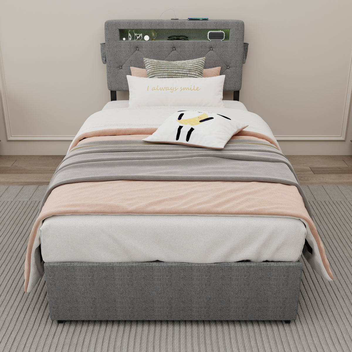 Twin Bed Frame with USB Charging Station & LED Lights, Twin Bed Frame with Headboard & 4 Storage Drawers W1960P175563-djyc