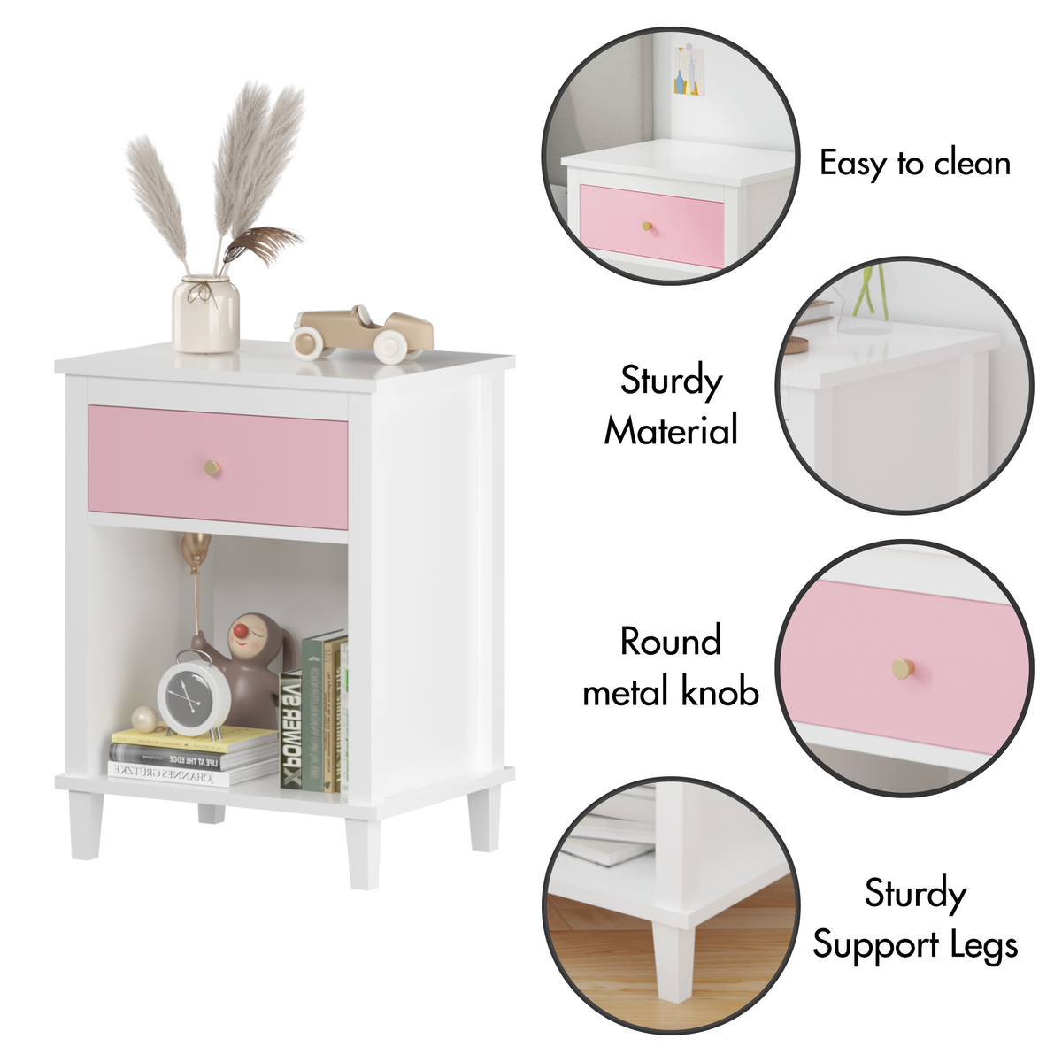 26.77''H Wooden Nightstand with One Drawer One Shelf for Kids, Adults, Pink W80859135-djyc