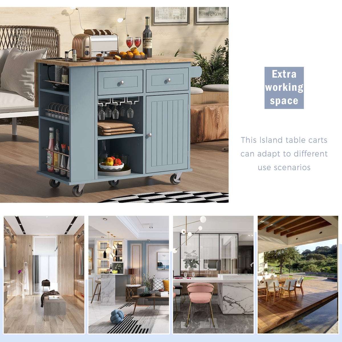 Kitchen Island with Power Outlet,Kitchen Storage Island with Drop Leaf and Rubber Wood,Open Storage and Wine Rack,5 Wheels,with Adjustable Storage for Home, Kitchen, and Dining Room, Grey Blue WF305556AAG-djyc