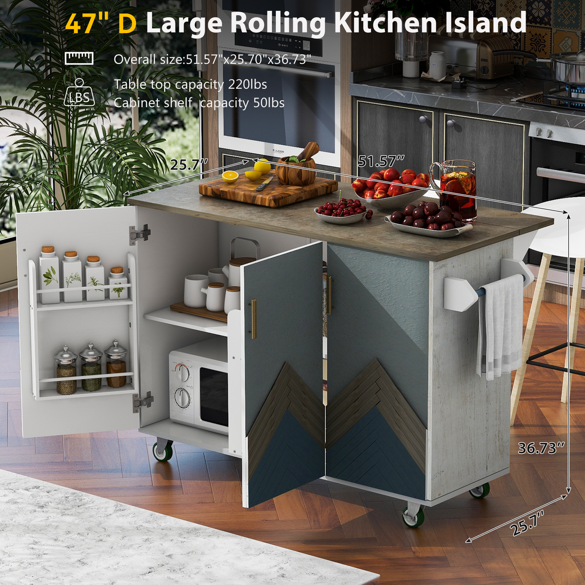 Retro Mountain Wood 47"D Kitchen Island with Drop Leaf, Farmhouse Kitchen Island on Wheels with Internal Storage Rack, Rolling Kitchen Cart with Towel Rack for Living Room, Kitchen, Dining Room(White) WF315658AAW-djyc