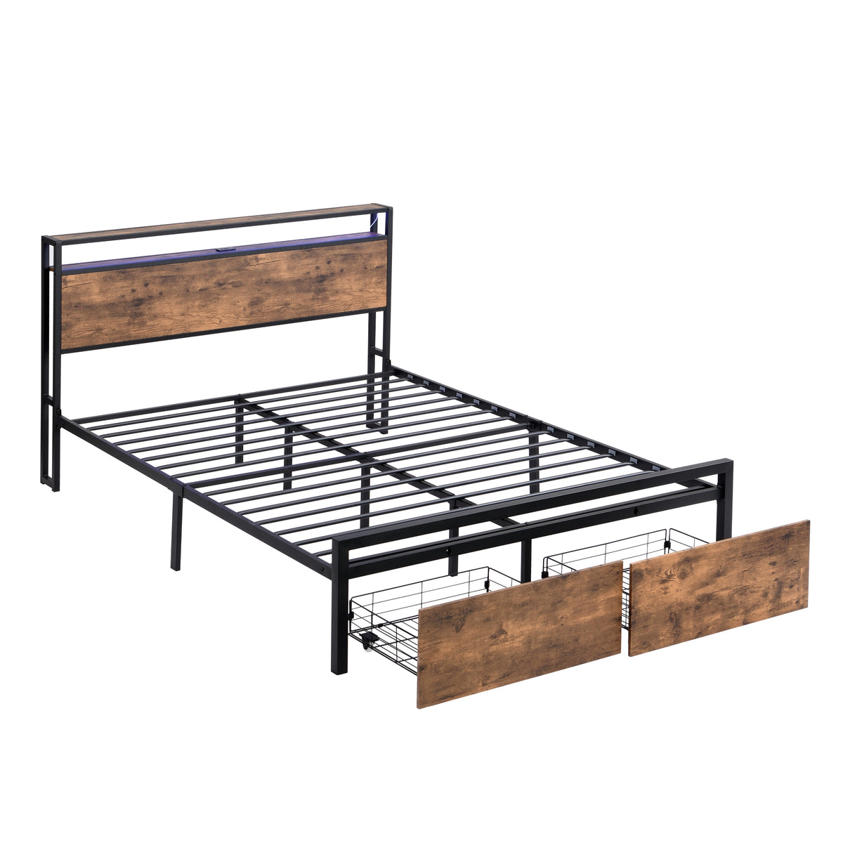 Full Size Bed Frame with Storage Headboard and 2 Drawers, LED Lights Bed with Charging Station, Metal Platform Bed No Noise, Mattress Foundation Strong Metal Slats Support No Box Spring Needed W1916126252-djyc